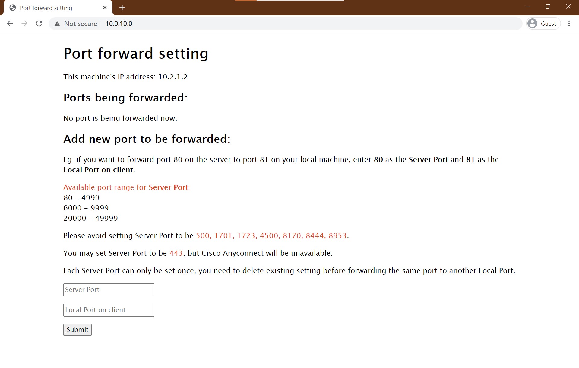 Port forwarding setting page